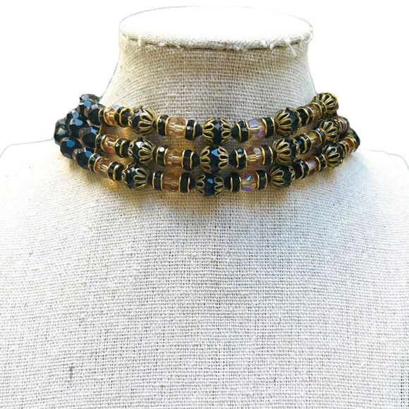 Vintage Jewelry - Vintage Aurora Borealis Beaded Goldtone Choker Necklace